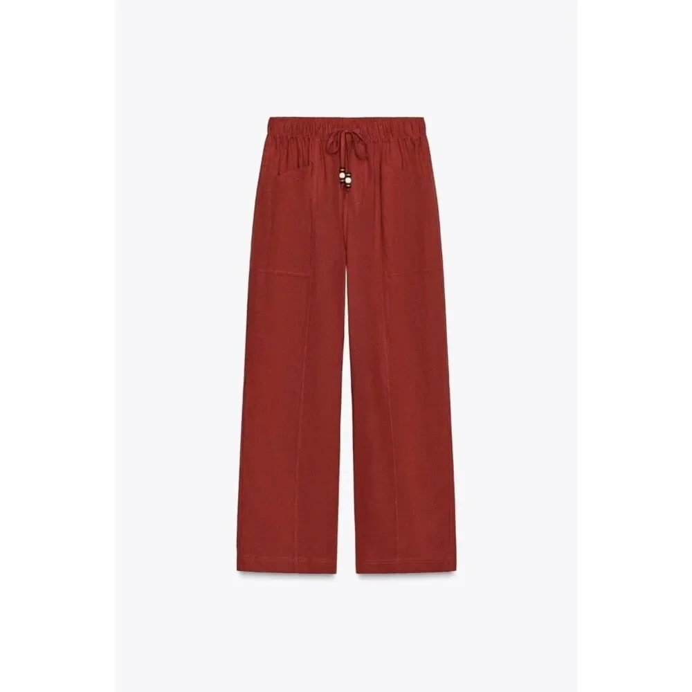 Zara Womens Linen Beaded Drawstring Ankle Pants linen XL Brick Red 8668/383 NWT